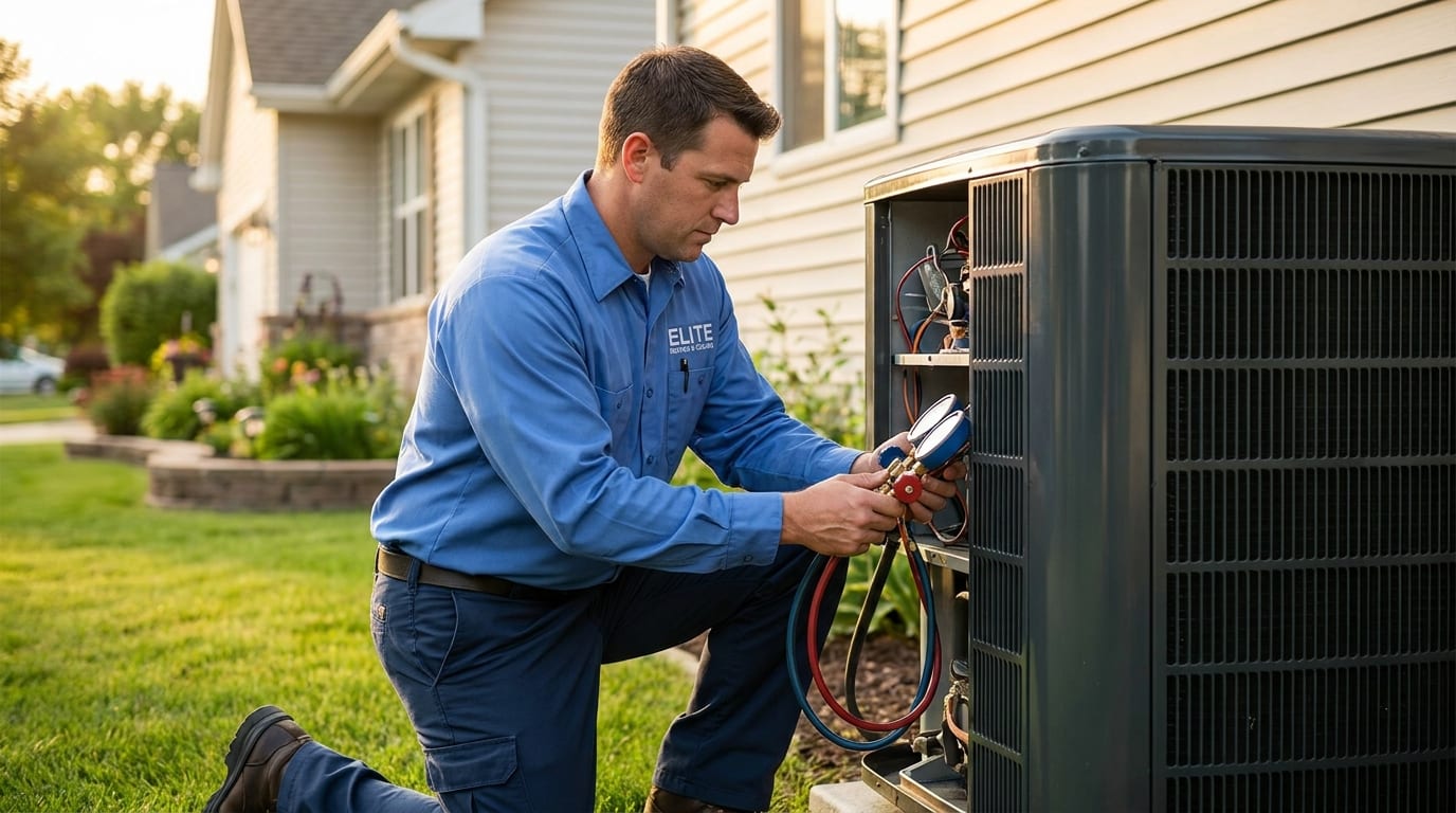 HVAC technician servicing an outdoor air conditioner unit at a home