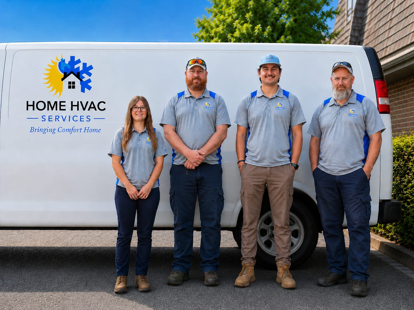 The Home HVAC Services team — Jill, Shawn, Zack, Alex and Sean — in front of a company van